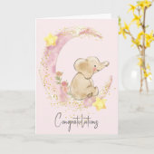 Baby Elephant auf rosa Mond Karte (Gelbe Blume)
