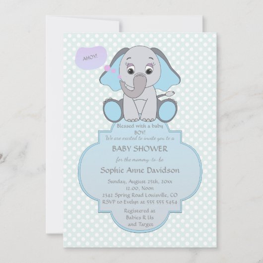 Baby Elephant Baby Boy Babydusche einladen Einladung (Vorderseite)