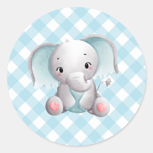 Baby Elephant Baby Boy Sticker Blue Kariert Gingha (Vorderseite)