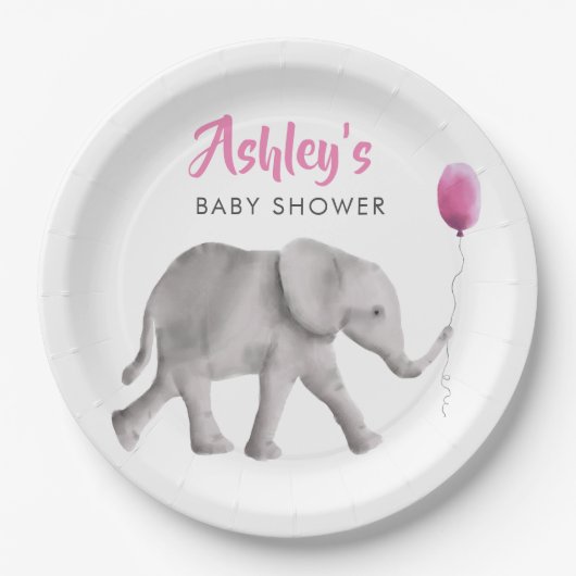 Baby Elephant Baby Dusche, Elephant & Pink Balloon Pappteller (Vorderseite)