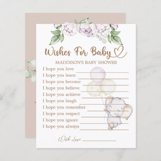 Baby Elephant Baby Dusche Wünsche für Babykarte (Vorne/Hinten)