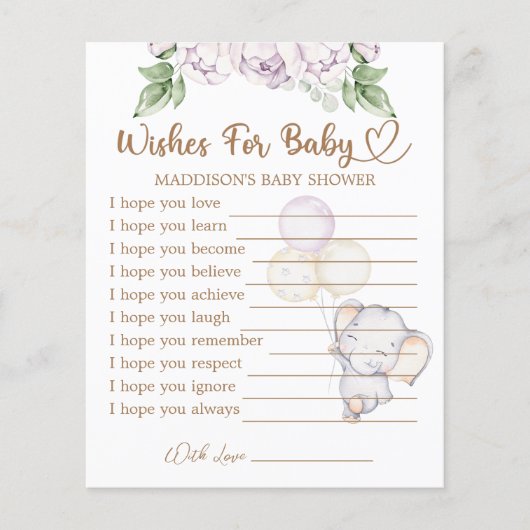 Baby Elephant Baby Dusche Wünsche für Babykarte (Vorderseite)