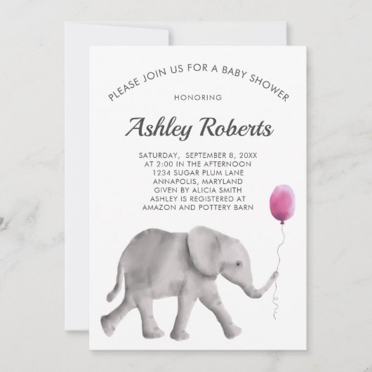 Baby Elephant Baby Shower Einladung, Pink & Gray Einladung (Vorderseite)