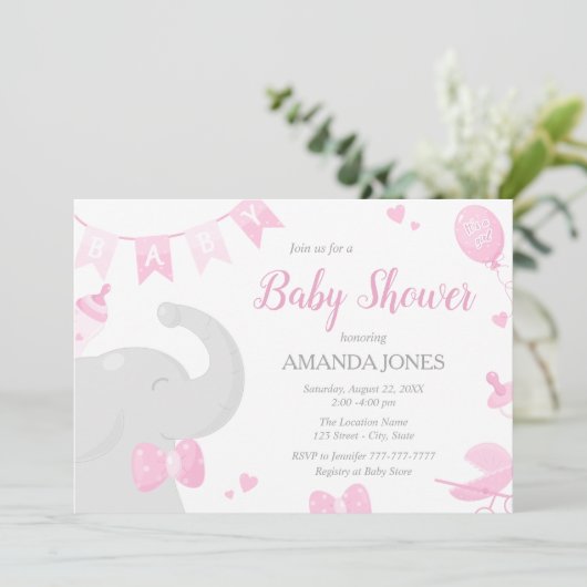 Baby Elephant Baby Shower Girl Einladungen (Stehend Vorderseite)