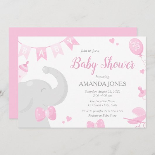 Baby Elephant Baby Shower Girl Einladungen (Vorne/Hinten)