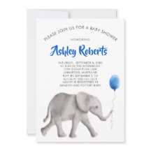 Baby Elephant Baby Shower Invite, Blue & Gray
