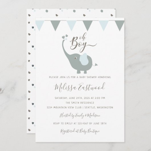 Baby Elephant Baby Shower Oh Boy Party Einladung (Vorne/Hinten)