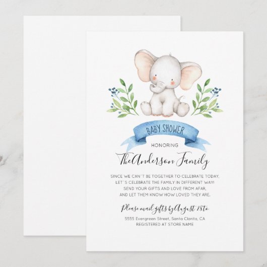 Baby Elephant Babydusche per Mail lange Entfernung Einladung (Vorne/Hinten)