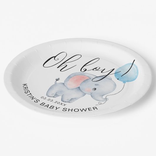 Baby Elephant & Blue Balloon Baby Dusche Pappteller (Schrägansicht)