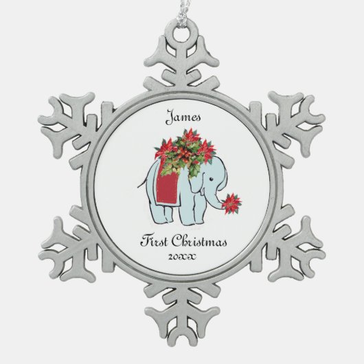 Baby Elephant blue First Weihnachtsschmuck Schneeflocken Zinn-Ornament (Vorderseite)