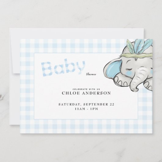 Baby Elephant Blue Gingham Baby Shower Einladung (Vorderseite)