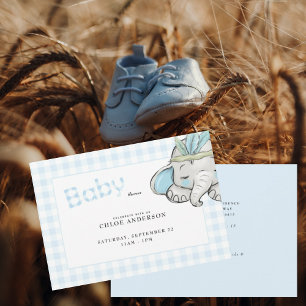 Baby Elephant Blue Gingham Baby Shower Einladung