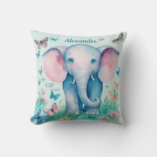 Baby Elephant Blue Personalisiert Birth Date Time Kissen (Vorderseite)