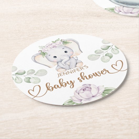 Baby Elephant & Blume Wasserfarbe Kinderdusche Runder Pappuntersetzer (Angewinkelt)