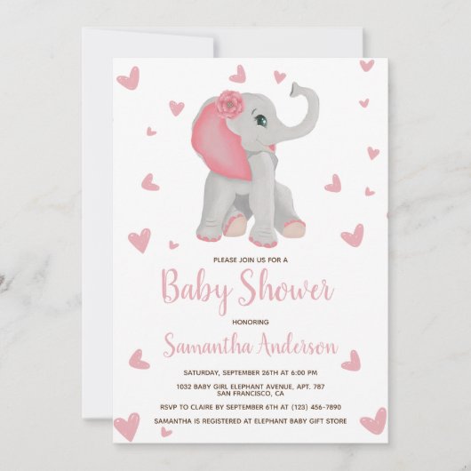 Baby Elephant Blush Pink Bloral Baby Dusche Foto Einladung (Vorderseite)