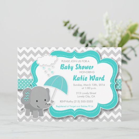 Baby Elephant Boy Baby Dusche Aquamarin Blue Einla Einladung (Stehend Vorderseite)