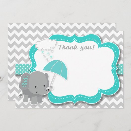 Baby Elephant Boy Babydusche Aquamarin Dankeschön  Einladung (Vorne/Hinten)