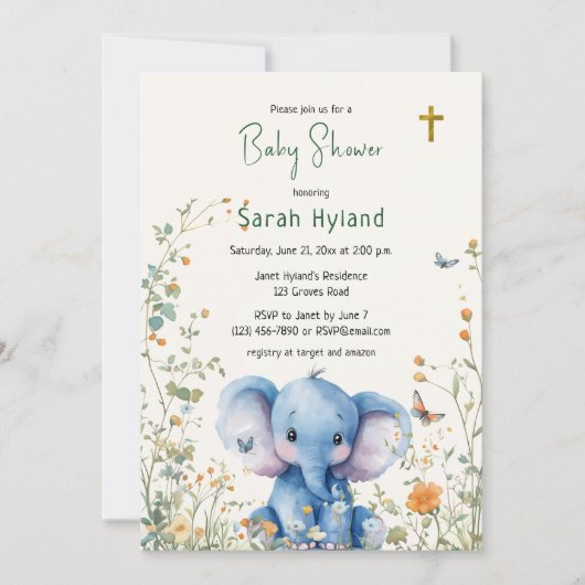 Baby Elephant & Butterfliegen Orthodoxe Babydusche Einladung (Vorderseite)