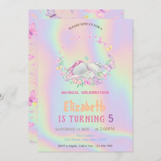 Baby Elephant Butterflies Holographic Birthday Einladung (Vorne/Hinten)