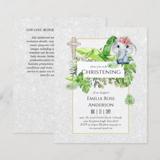 Baby Elephant CHRISTENING Einladung für Mädchenjun (Vorne/Hinten)