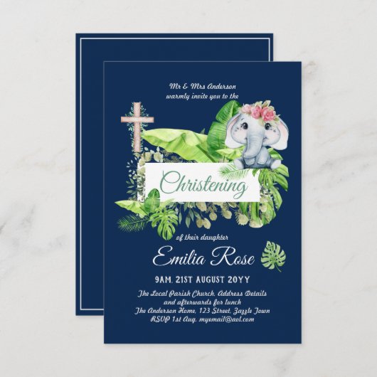 Baby Elephant CHRISTENING Einladung für Mädchenjun (Vorne/Hinten)