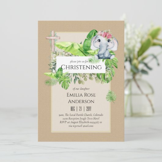 Baby Elephant CHRISTENING Einladung für Mädchenjun (Stehend Vorderseite)