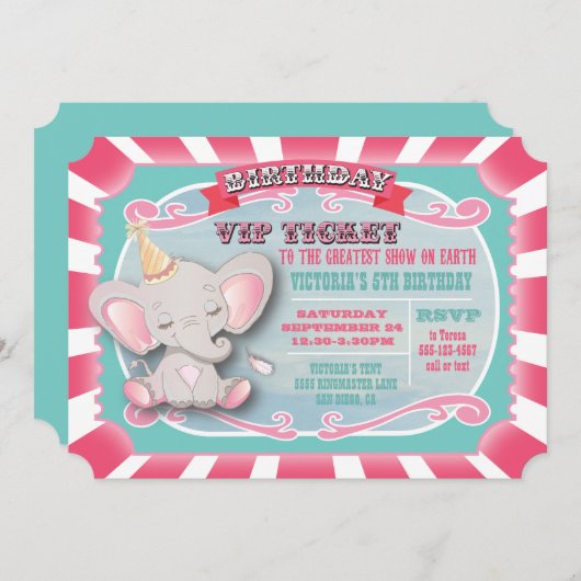 Baby Elephant Circus Ticket zum Geburtstag Einladu Einladung (Vorne/Hinten)