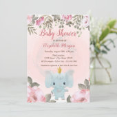 Baby Elephant Crown Floral Baby Dusche Einladung (Stehend Vorderseite)