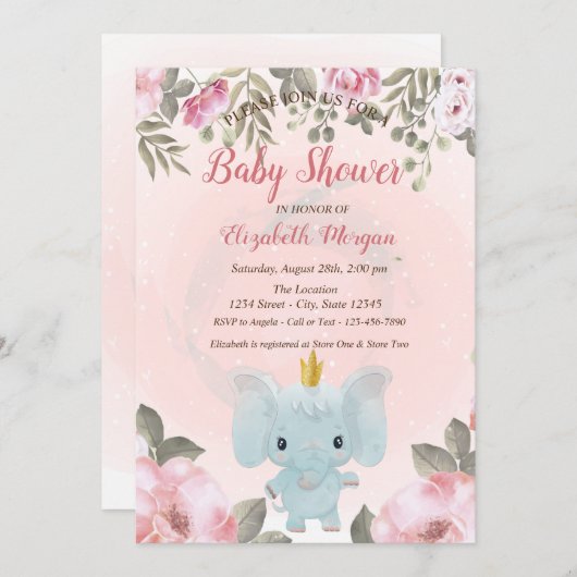 Baby Elephant Crown Floral Baby Dusche Einladung (Vorne/Hinten)