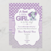 Baby Elephant Dusche Einladung in Lila und grau (Vorne/Hinten)