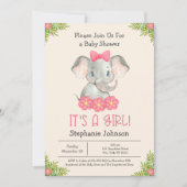 Baby Elephant Es ist ein Mädchen Zoo Theme Babydus Einladung (Vorderseite)