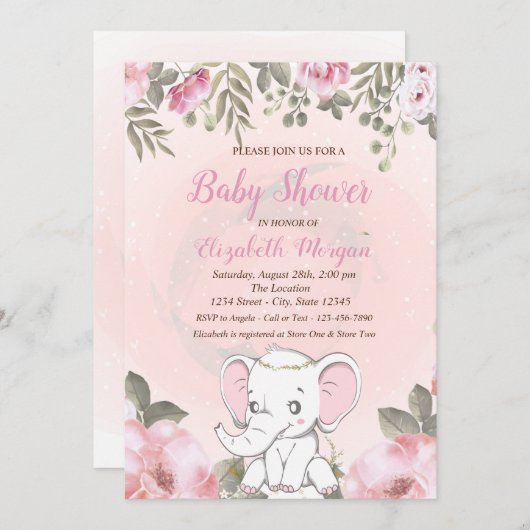 Baby Elephant Floral Baby Dusche Einladung (Vorne/Hinten)