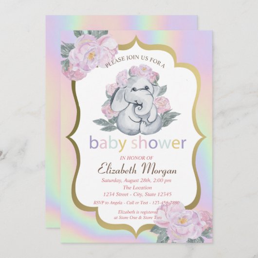 Baby Elephant, florale, holografische Babydusche Einladung (Vorne/Hinten)