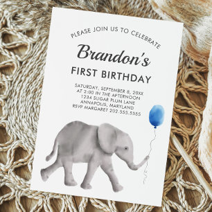 Baby Elephant Geburtstagsparty Einladung Blue Gray