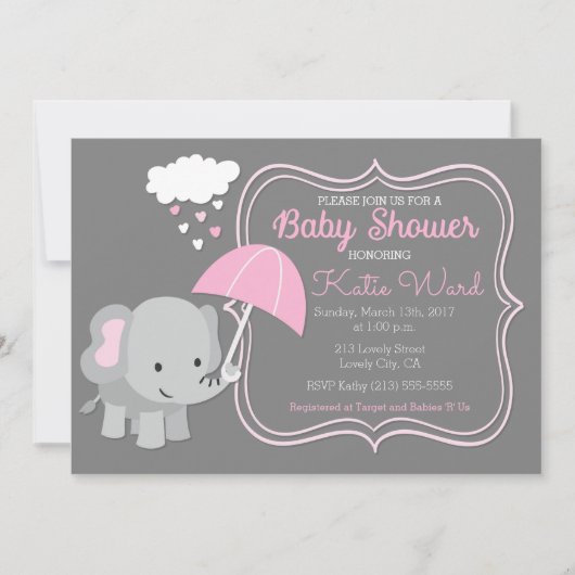 Baby Elephant Girl Baby Dusche Rosa Einladung (Vorderseite)