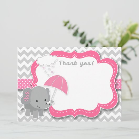 Baby Elephant Girl Babydusche Pink Dankeschön Kart Einladung (Stehend Vorderseite)