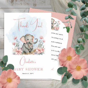 Baby Elephant Girl Floral Pink Babydusche Dankeskarte