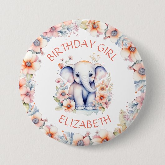 Baby Elephant Girl's Birthday Party Personalisiert Button (Vorderseite)