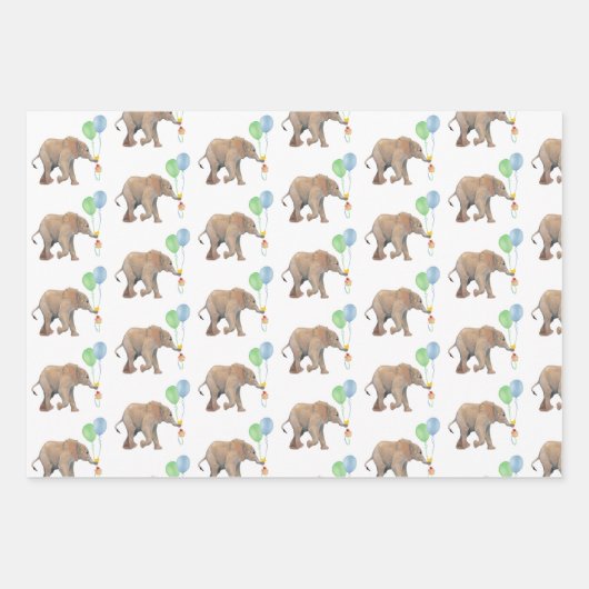 Baby Elephant green & blue balloon Set x3.  Geschenkpapier Set (Vorderseite 2)