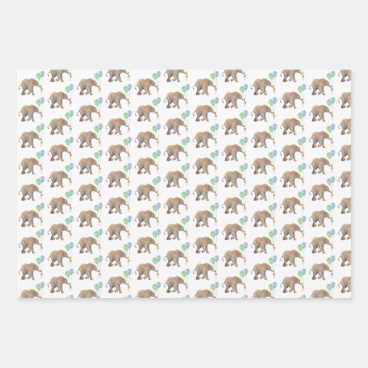 Baby Elephant green & blue balloon Set x3.  Geschenkpapier Set (Vorderseite)