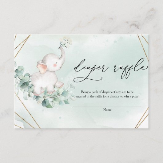 Baby Elephant Green Eucalyptus Gold Diper Raffle Begleitkarte (Vorderseite)