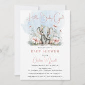 Baby Elephant Hello Baby Girl Floral Baby Shower Einladung (Vorderseite)