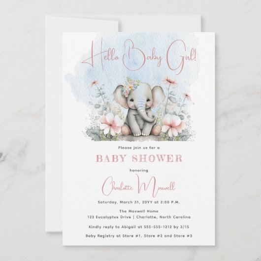 Baby Elephant Hello Baby Girl Floral Baby Shower Einladung (Vorderseite)