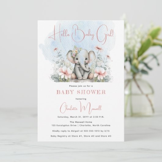 Baby Elephant Hello Baby Girl Floral Baby Shower Einladung (Stehend Vorderseite)