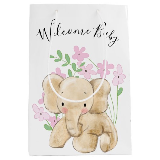 Baby Elephant in Blume auf Weiß Mittlere Geschenktüte (Vorderseite)