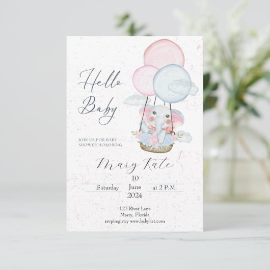 Baby Elephant in Hot Air Balloon Babydusche Einladung (Stehend Vorderseite)