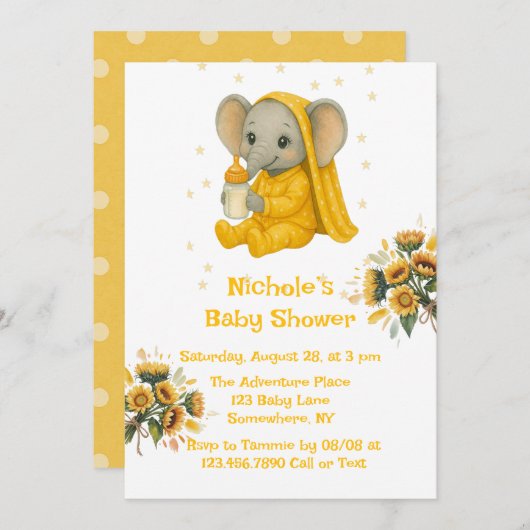 Baby Elephant in Yellow Pajamas Babydusche Einladung (Vorne/Hinten)