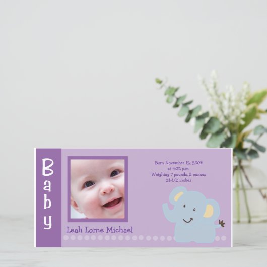 Baby Elephant Lila 4x8 FOTO Geburtshinweis Ankündigung (Stehend Vorderseite)