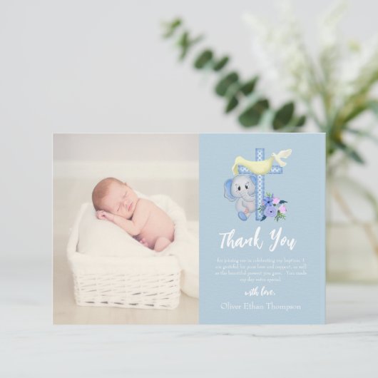 Baby Elephant mit Cross-Dove-Taufe Vielen Dank Dankeskarte (Stehend Vorderseite)