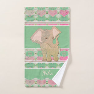 Baby Elephant mit Herz/Rosa und Grün Badhandtuch Set